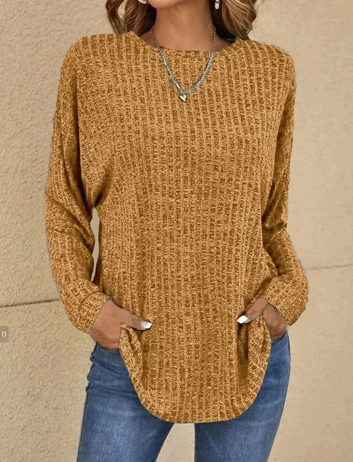 WW | Stricktextur Lange Ärmel Lockerer Schnitt Rundhalsausschnitt