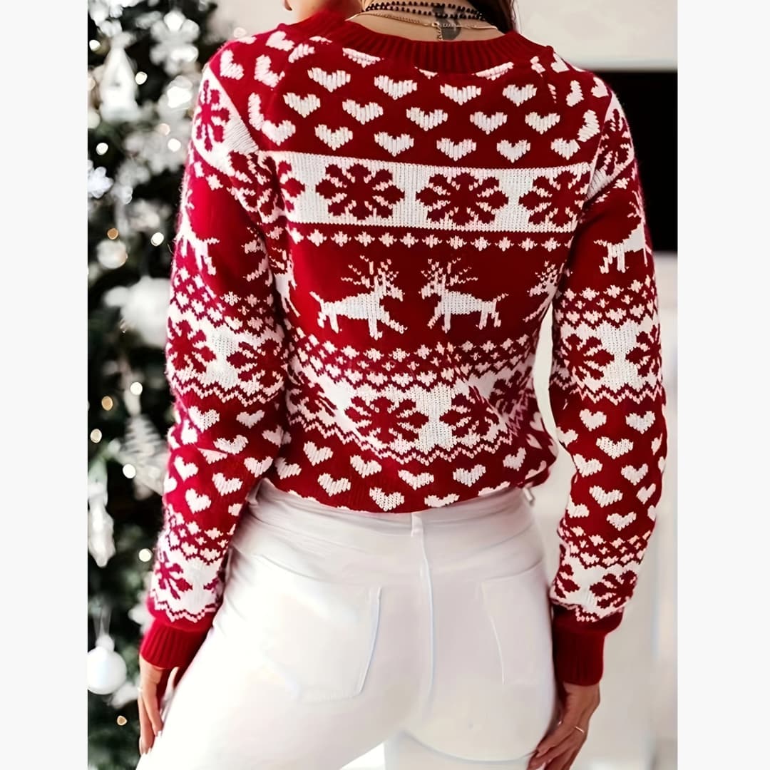WW | Comfortable Elegant Red Reindeer Snowflake Crew Neck Sweater