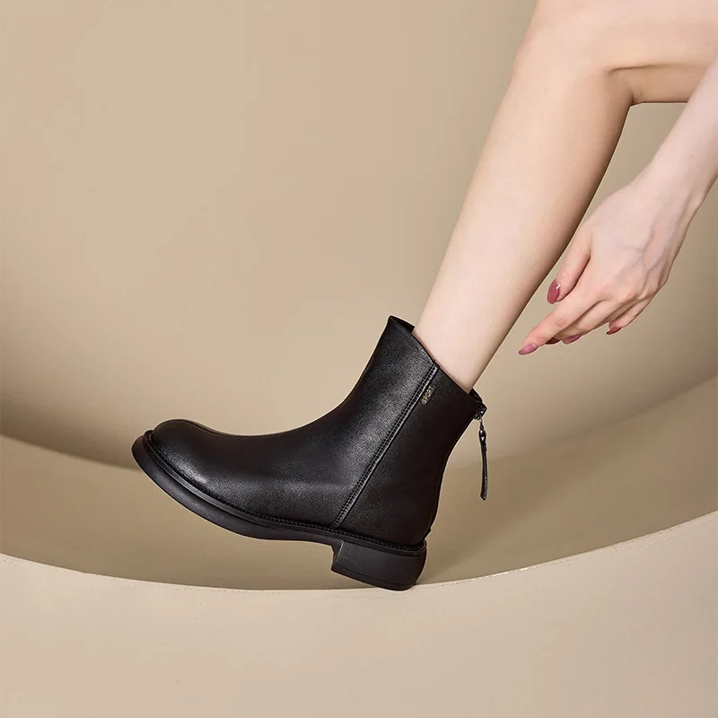 WW | Damen Stiefel Leder Ankle Boots mit Reißverschluss Hinten und Niedrigem Absatz