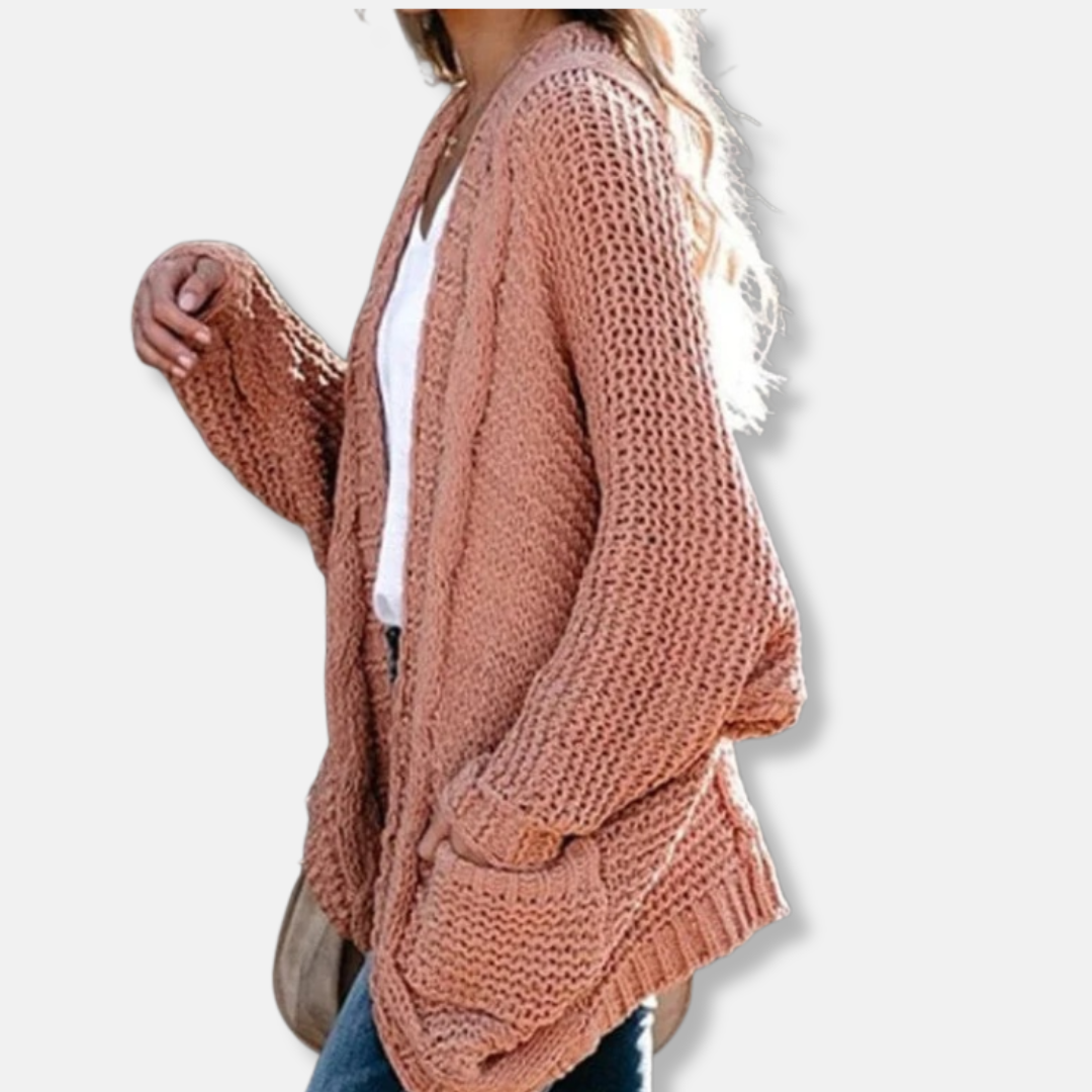 WW | Woll Übergroßer Cardigan - Gerippter Offener Fronttaschen Cardigan
