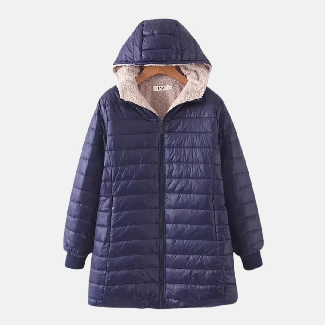 WW | Mid-length Quilted Jacket Hood Fleece Lining Zipper Ribbed Cuffs