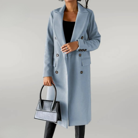 WW | Women's Long Wool Blend Coat - Double-Breasted - Tailored - With Lapel Collar