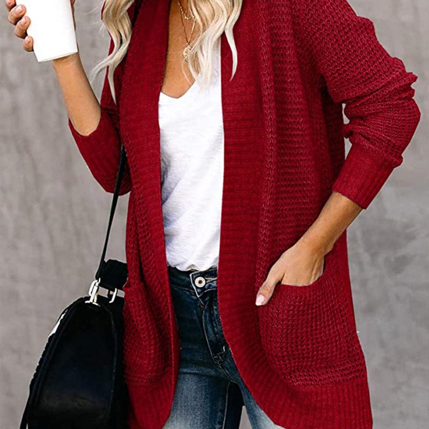 WW | Strickjacke Weiches Strickmaterial Lockere Passform Offene Vorderseite Taschen Lange Ärmel