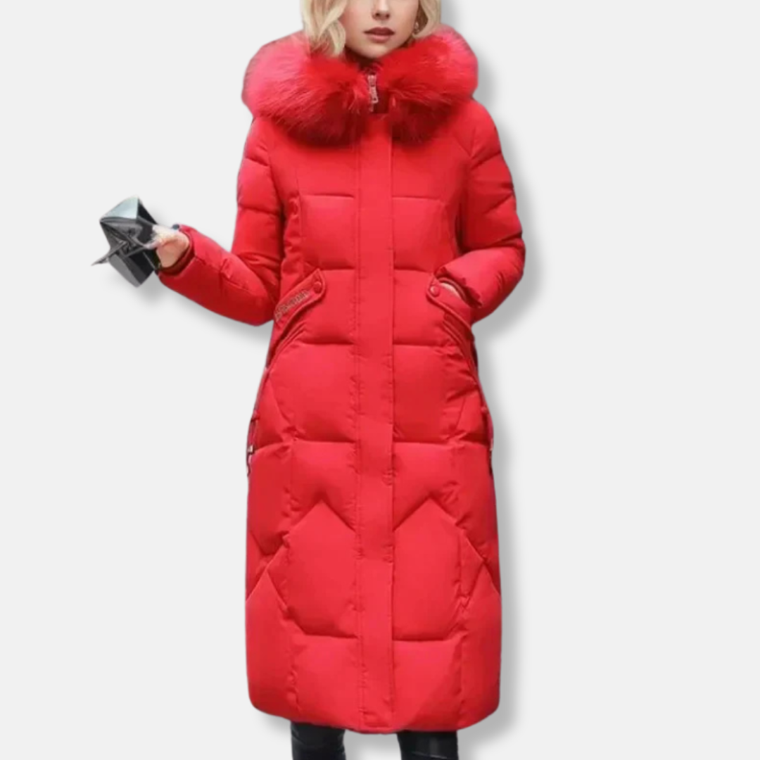 WW | Long Quilted Coat Slim Fit Detachable Fur Collar Full Length