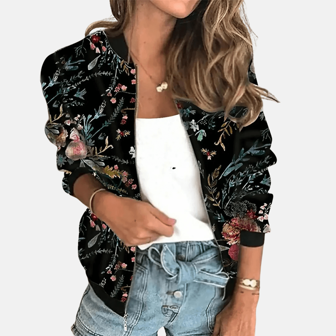 WW | Floral Bomberjacke - Leichter Reißverschluss mit botanischem Druck - Lässige Schicht für Übergangs wetter