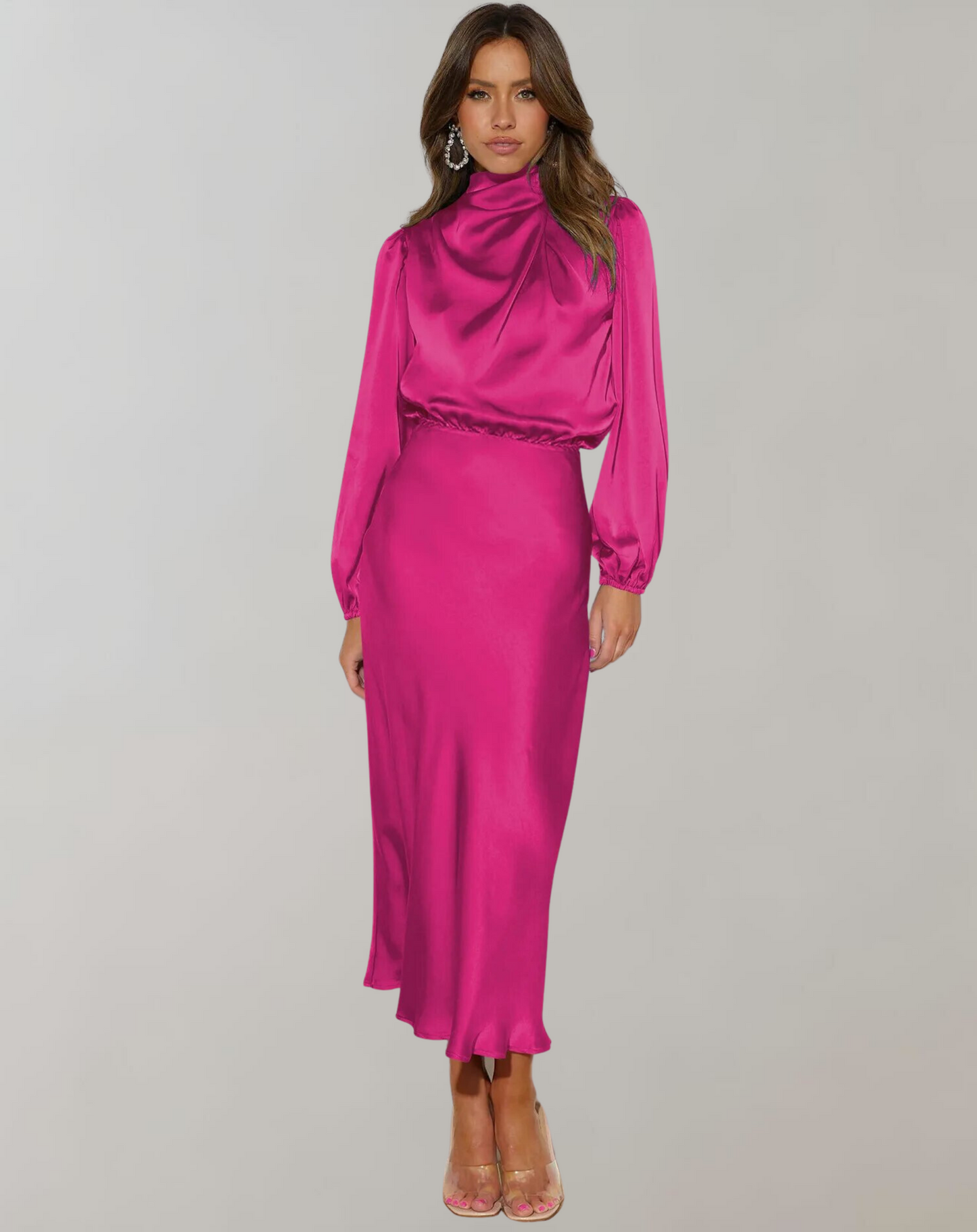 WW | Klassisches Satin Kleid Mit Hohem Kragen Und Langen Ärmeln Für Frauen