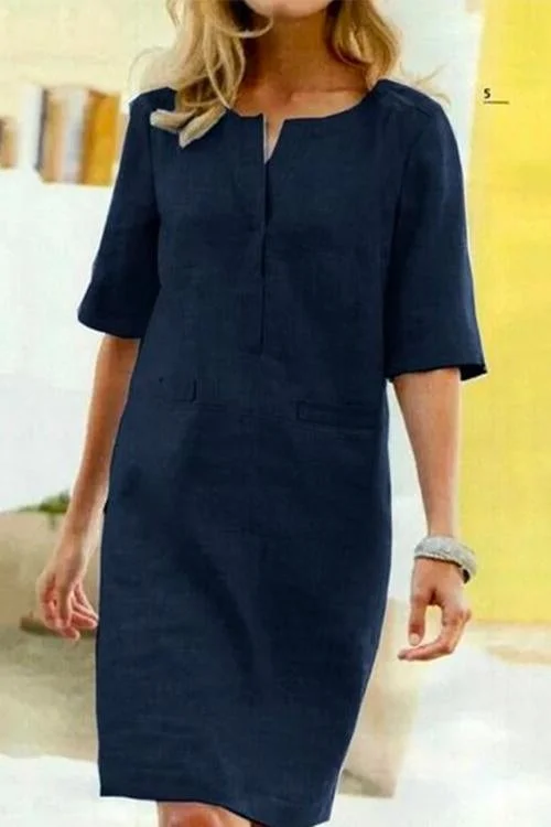 WW | Straight Cotton and Linen Dress with Short Sleeves