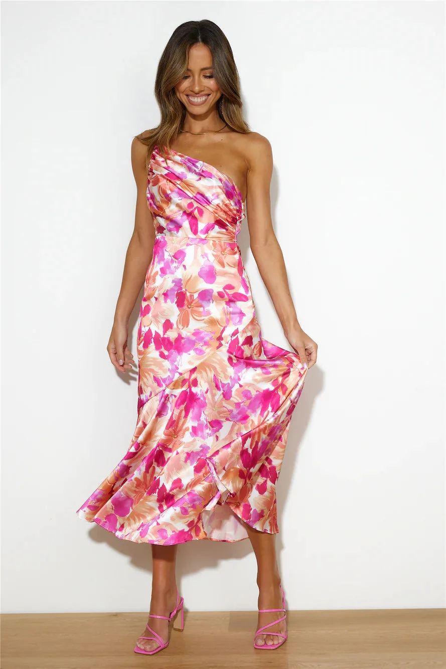 Floral Satin Ruched One-Shoulder Dress