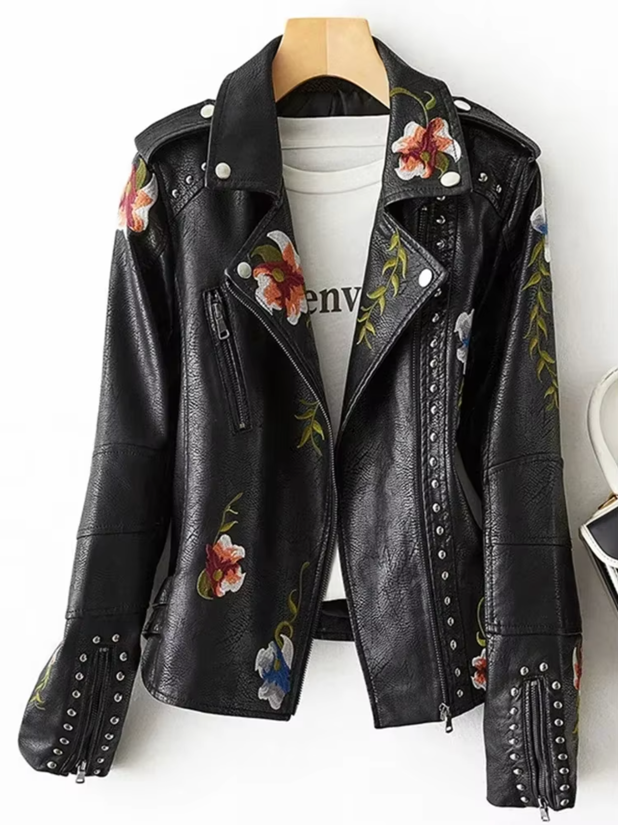 WW | Lederjacke Taillierte Passform Bestickte Blumen Nieten Biker Stil