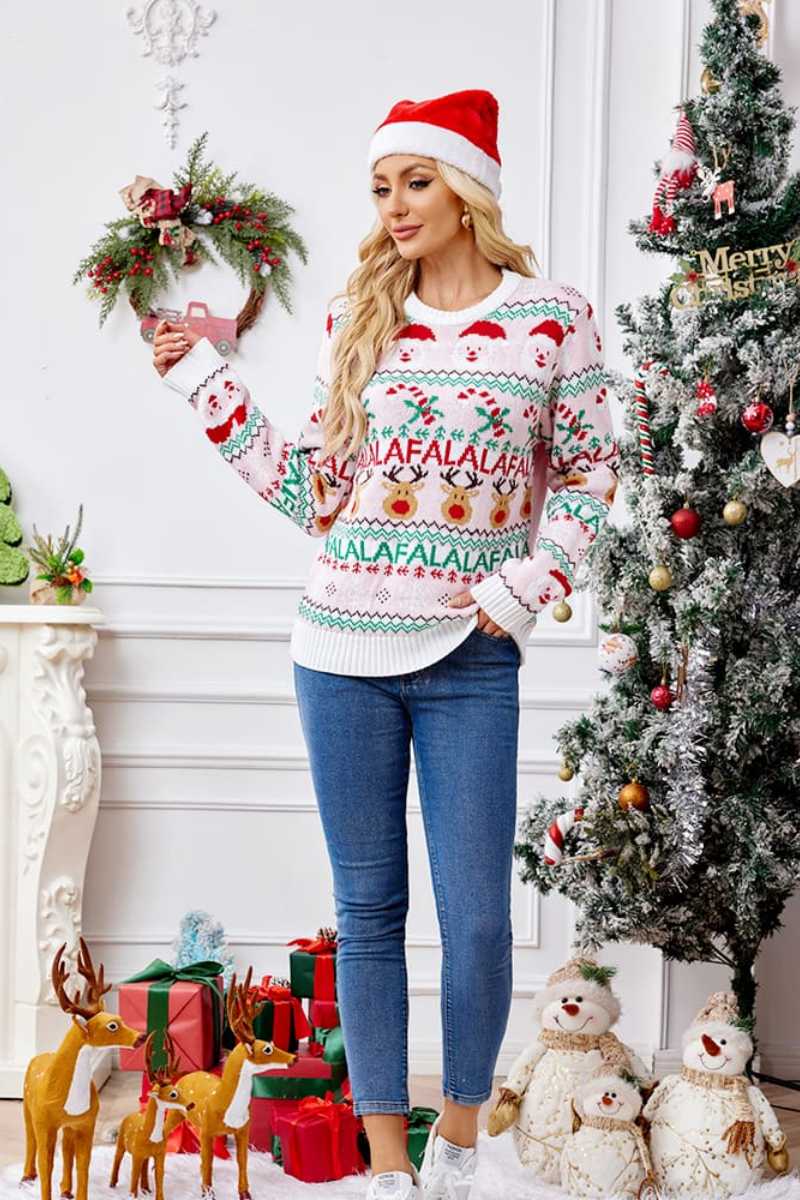 WW | Locker Sitzende Rundhals Weihnachts Cartoon Strickpullover - Pink