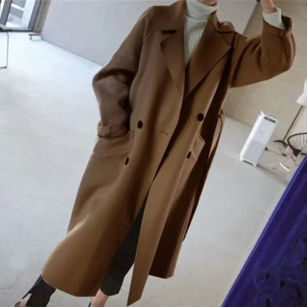 WW | Lange Wolljacke Klassische Passform Doppelreihig Mit Gürtel Elegantes Design