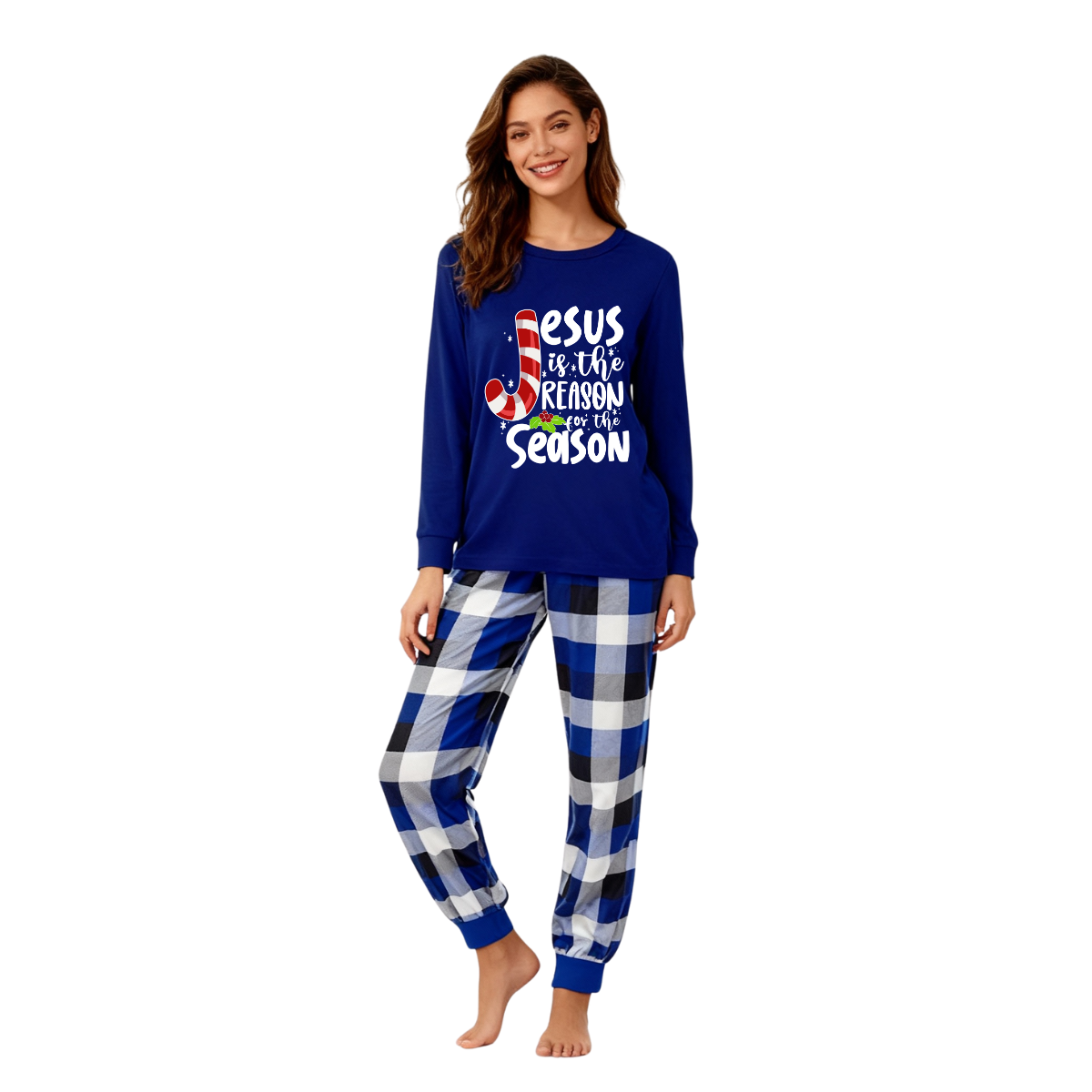 WW | Weihnachten Jesus Weiße Buchstaben Druck Kontrast Blau Langarm-Shirt mit Blau und Weißen Karotten Hosen Familie Übereinstimmende Pyjamas