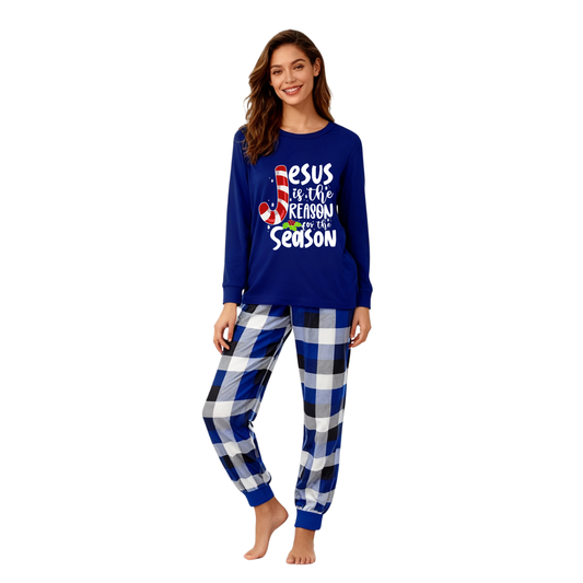 WW | Christmas Jesus White Letter Print Contrast Blue Long Sleeve Shirt with Blue and White Carrot Pants Family Matching Pajamas