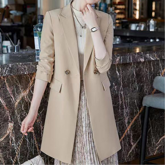WW | Elegant Long Women's Blazer with Flap Pockets and Lapel Collar