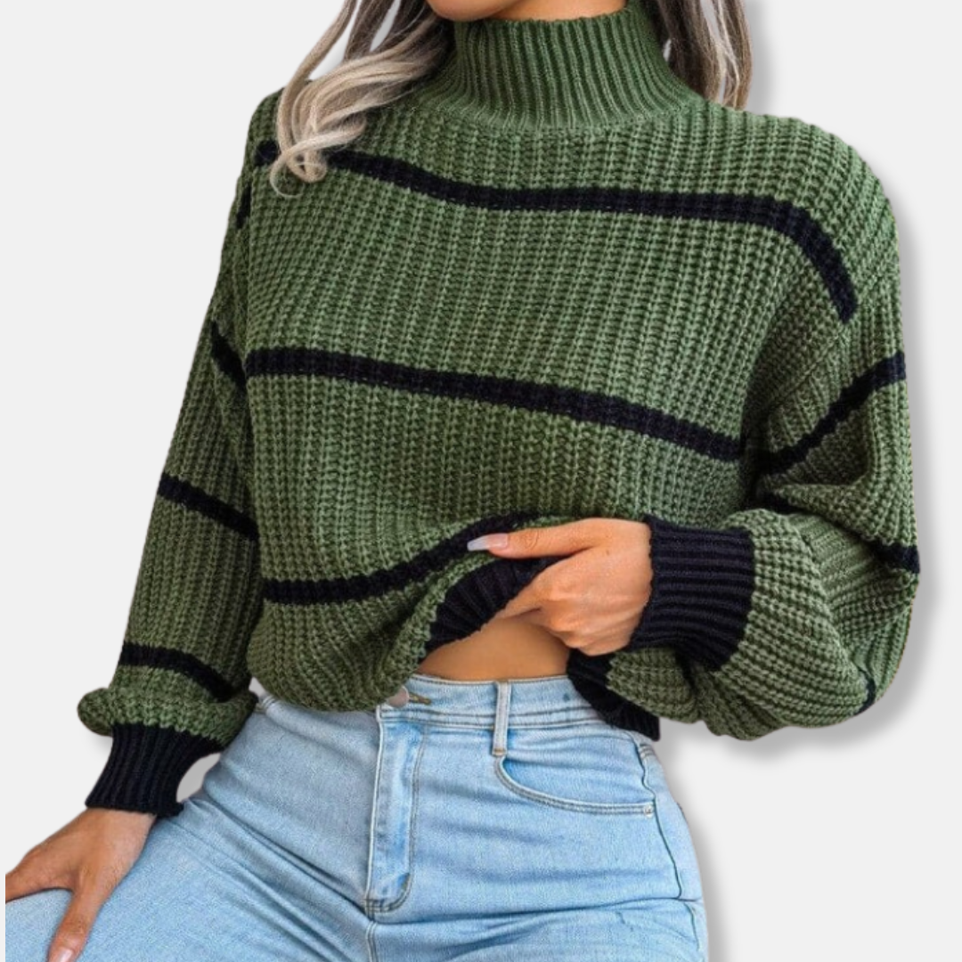 WW | Strickpullover - Weicher gerippter Rollkragen - Lockere Passform - Klassische Streifen