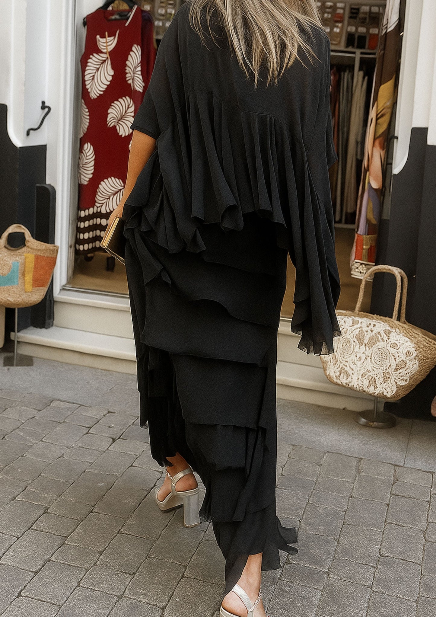 Amara Asymmetric Tiered Ruffle Maxi Dress - Black