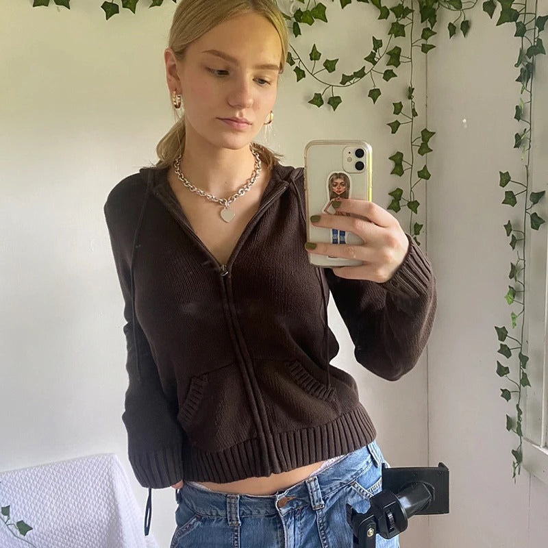 WW | Cozy hooded knit cardigan with button placket at the front