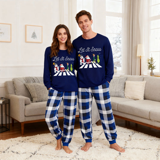 WW | Couple Navy Blue & White Plaid Santa & Cartoon Pattern Print Pajama Set