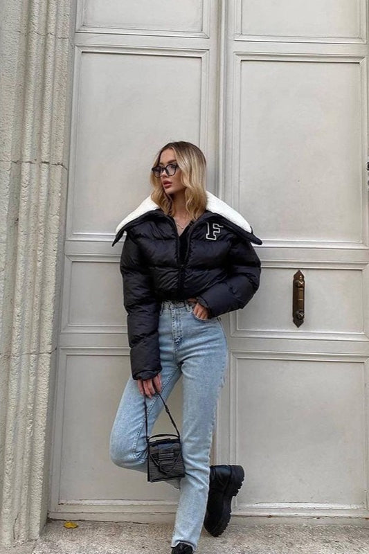 WW | Fleece-Patchwork-Faux-Fur-Kragen-Puffer-Jacke