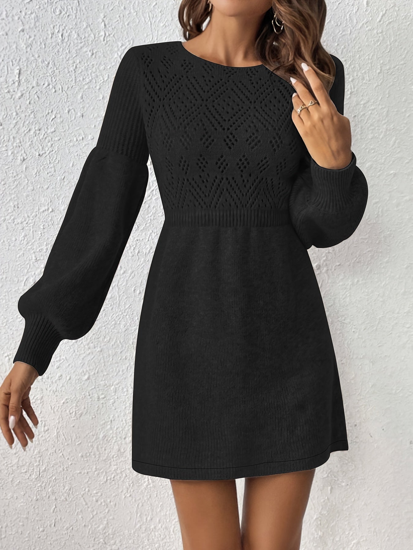 WW | Eyelet Embroidery Solid Color Knit Lantern Sleeve A-Line Ruched Waist Formal Dress For Women - Ideal for Formal Occasions