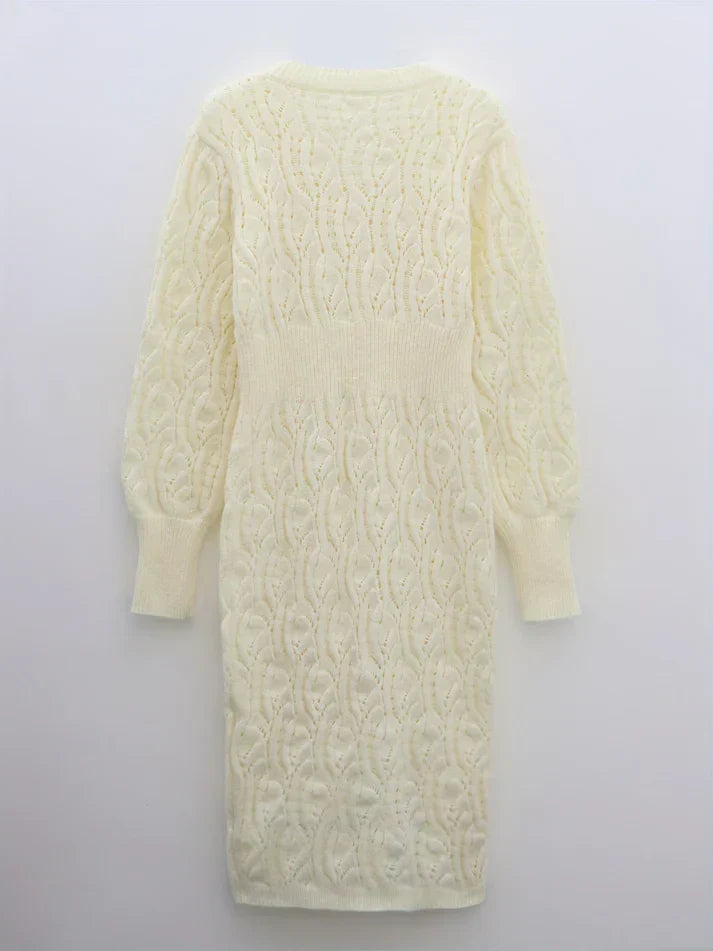 WW |  Baumwolle Solide Loch Pullover V-Ausschnitt Lange Ärmel Midi Formelles Kleid Für Damen - Ideal für formelle Anlässe