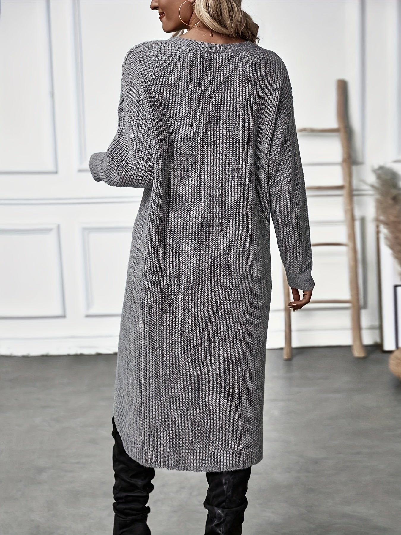 WW Graue asymmetrische Saum Langarm-Cardigan-Kleid