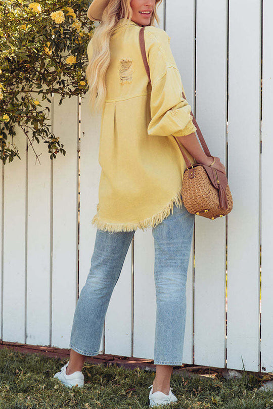 WW | Lapel Long Sleeve Ripped Denim Jacket