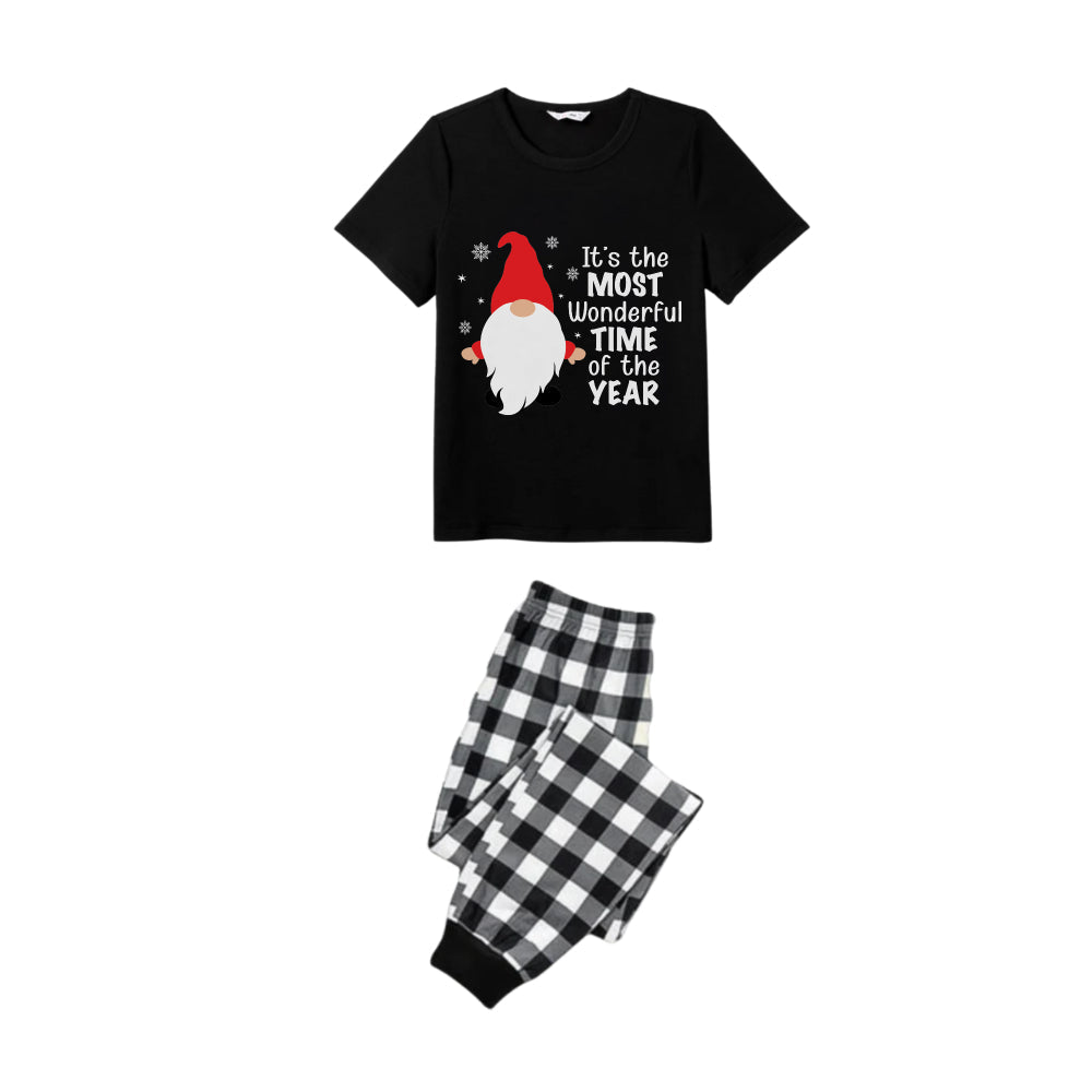 WW | Couple Black-and-White Plaid Short Sleeve Christmas Pajama Set with Gnome and Santa Claus Sayings