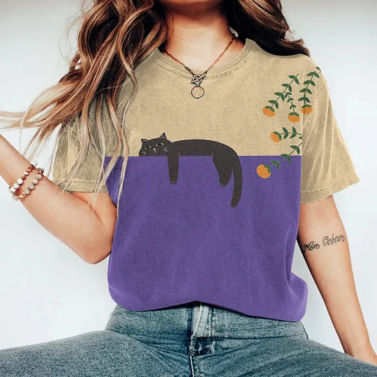 WW | Zweifarbige Katzen-Grafik-T-Shirt für Damen