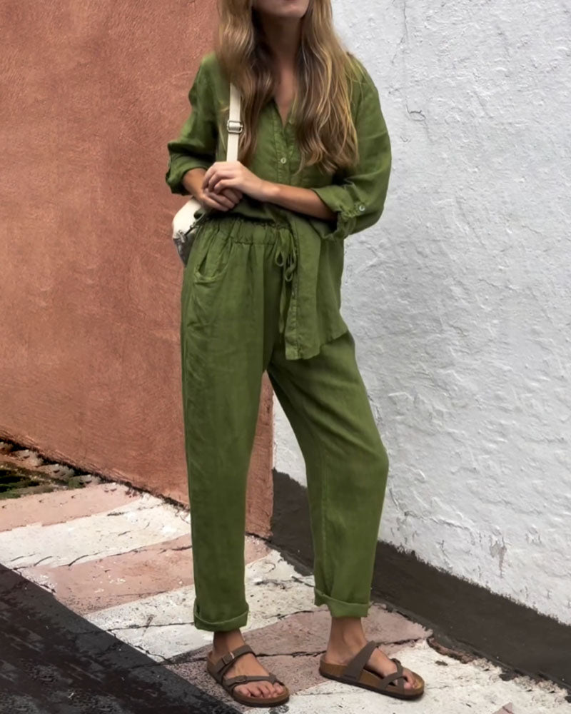 V-neck shirt and cotton trousers