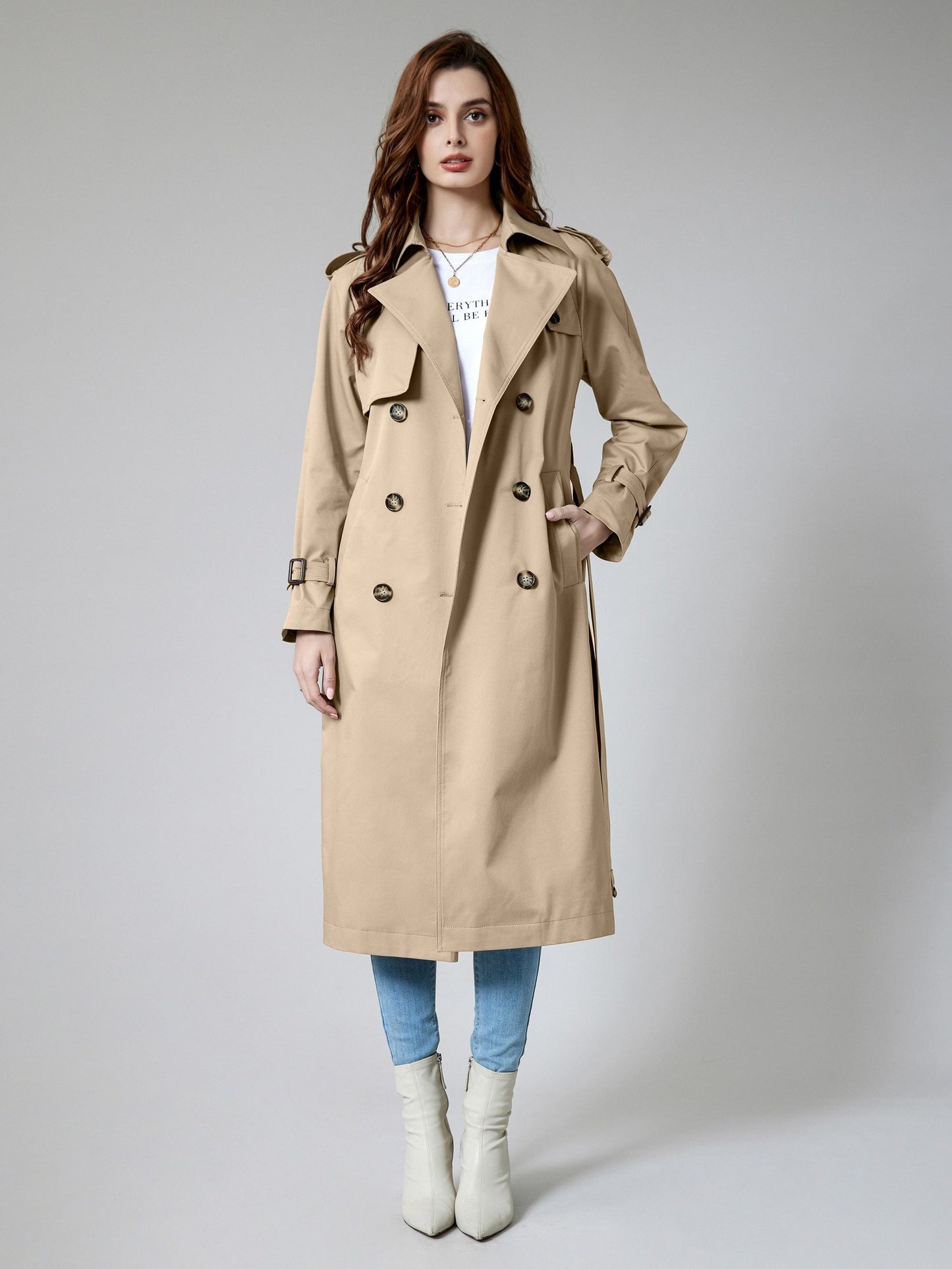 WW | Women's Plain Woven Polyester Trench Coat with Pockets - Ideal for Any Occasion