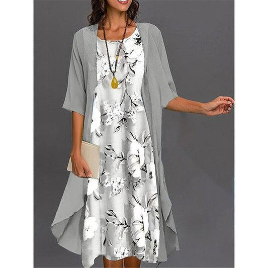 WW | Grey Printed Midi Dress with Outerwear