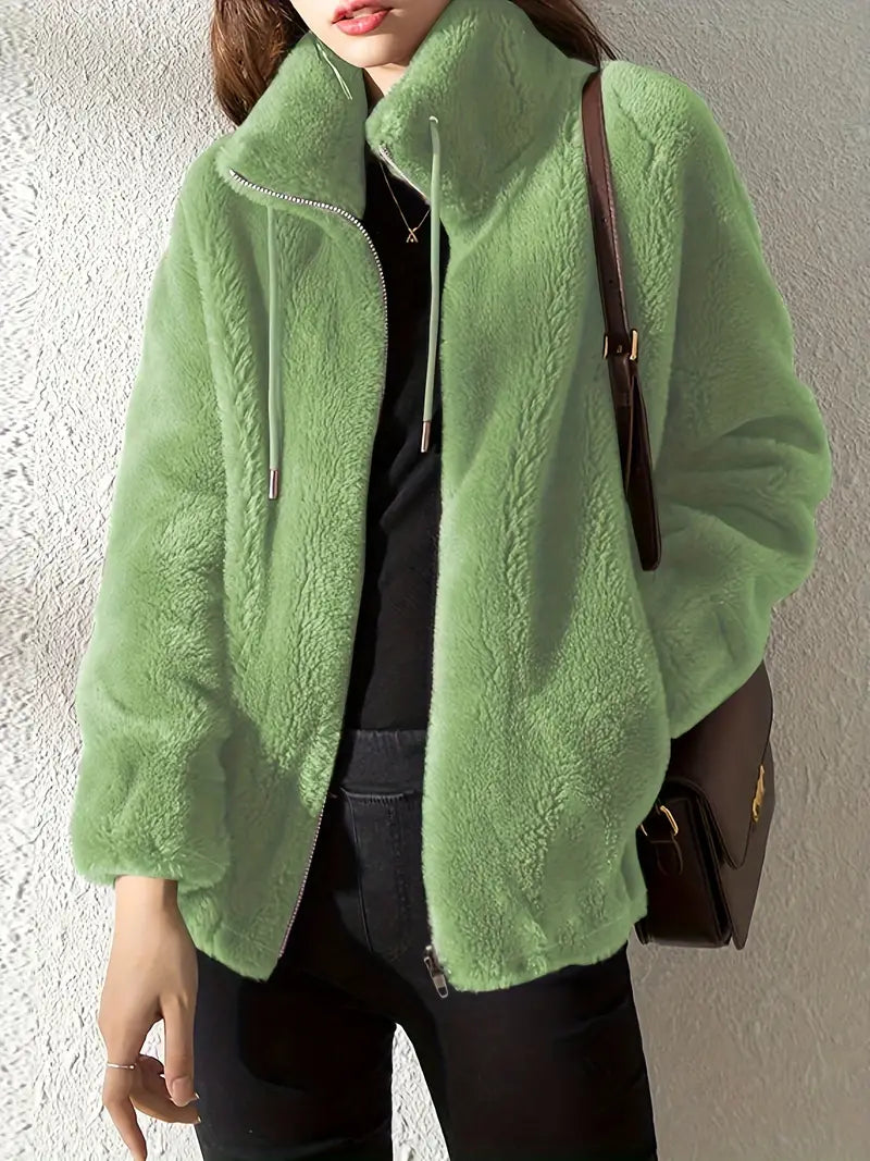 WW | Teddy Coat Oversized Fit Soft Fleece High Collar with Zipper Closure