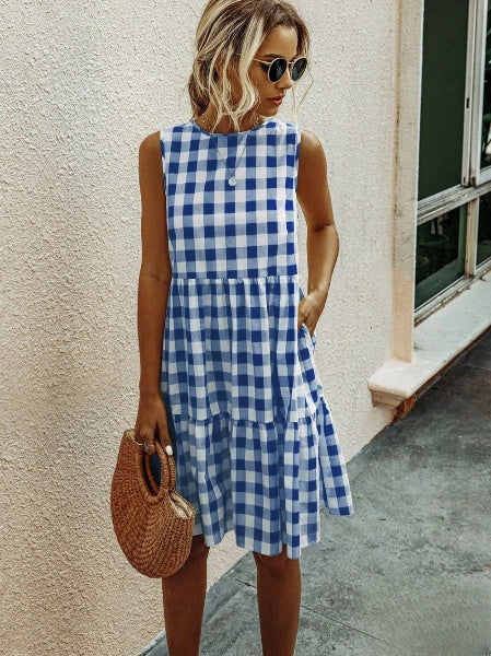 WW | Mode, Locker Geschnittenes Damenkleid mit Rundhalsausschnitt, Kariert Pastelmittelrock