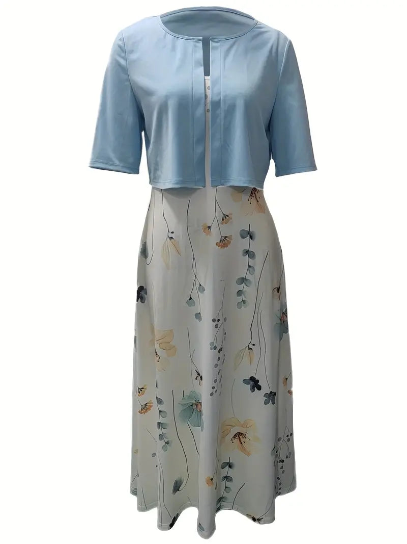 WW | Elegante Zweiteilige Blumenkleid-Set mit Einfarbigem Crop-Top und Rundhalskleid