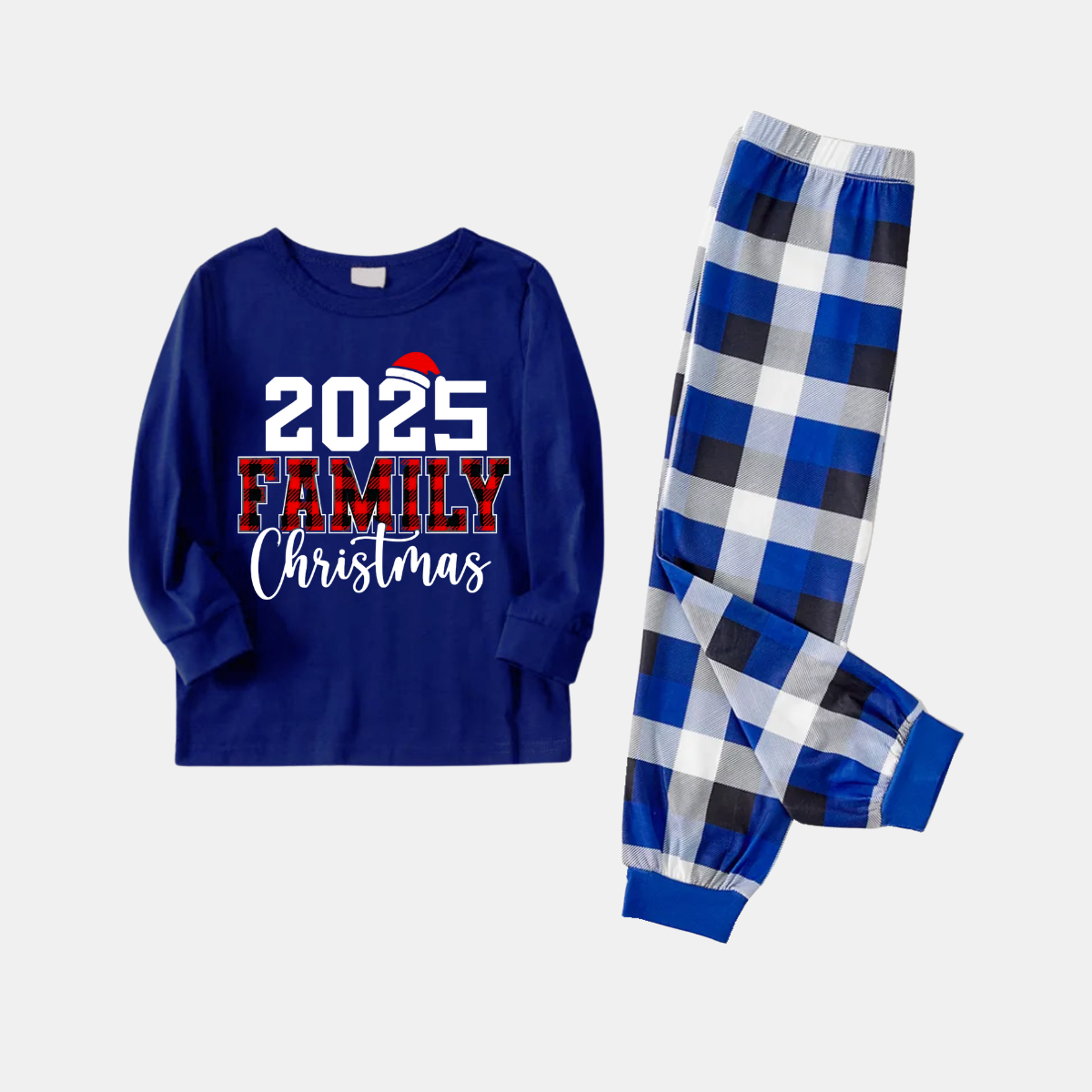 WW | Couple's matching blue plaid pajamas with "2025 Family Christmas" printed on them