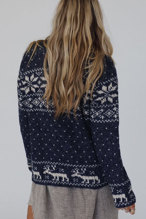 WW | Weihnachts-Schneeflocken-Elch-Reißverschluss Langarmpullover