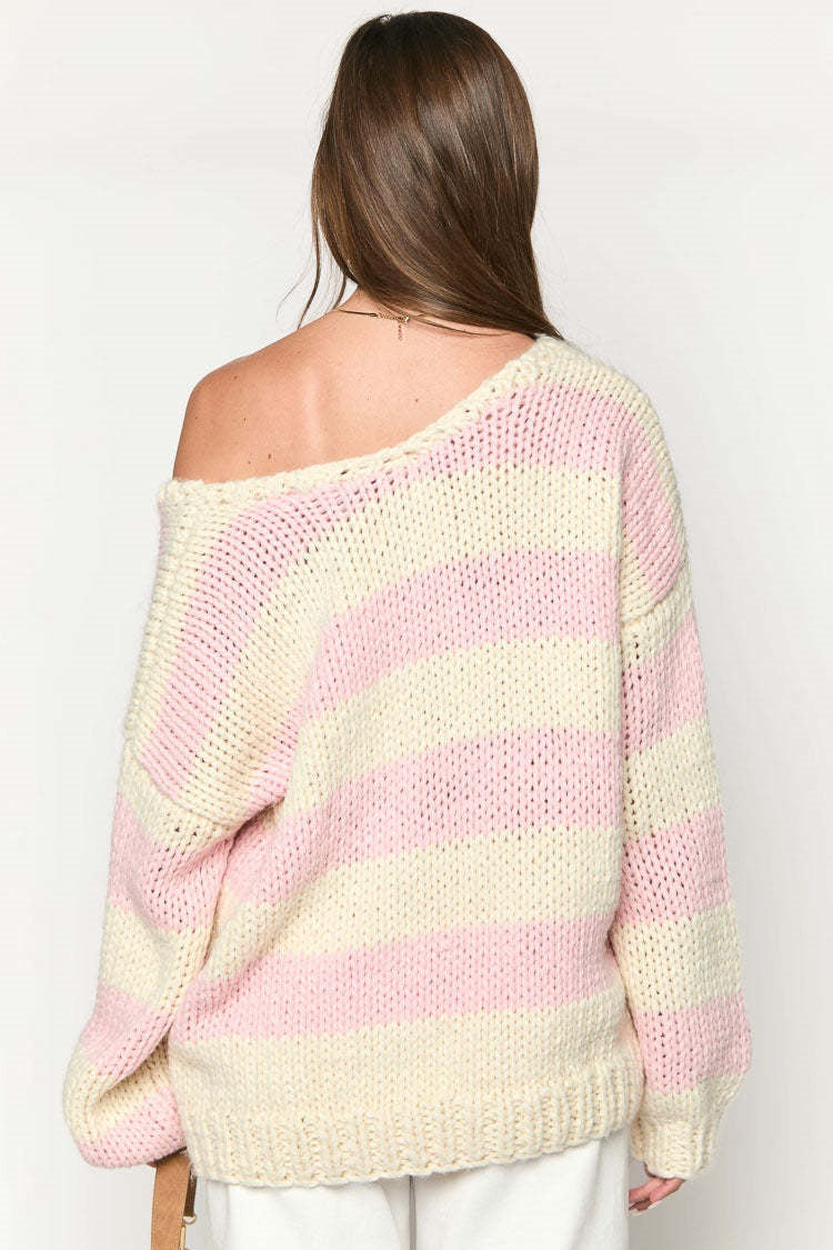 WW | Kuscheliger schulterfreier gestreifter Strickpullover für herbstliche Lagenlooks