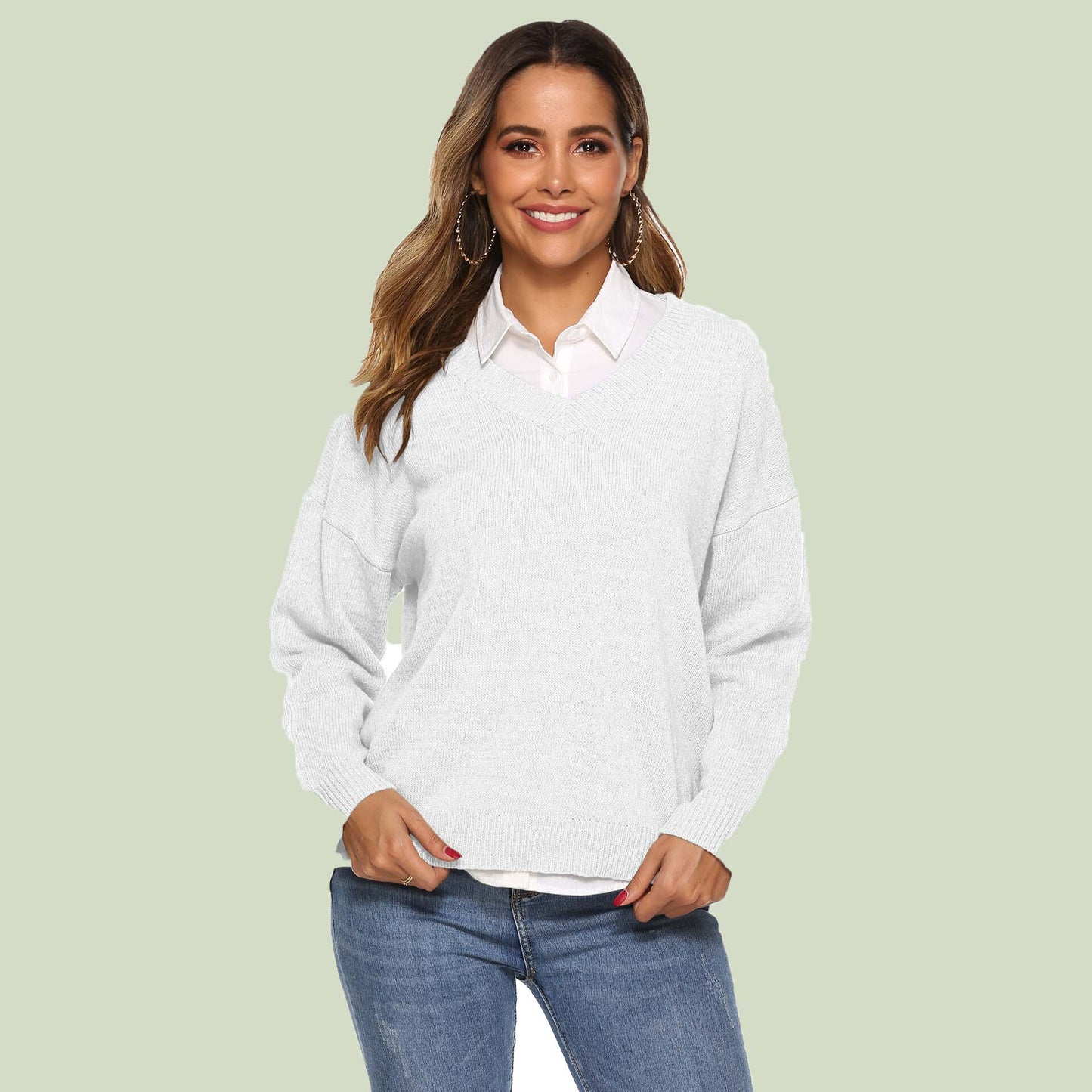 WW | Strickpullover V-Ausschnitt Relaxed Fit Lange Ärmel Weich Und Bequem