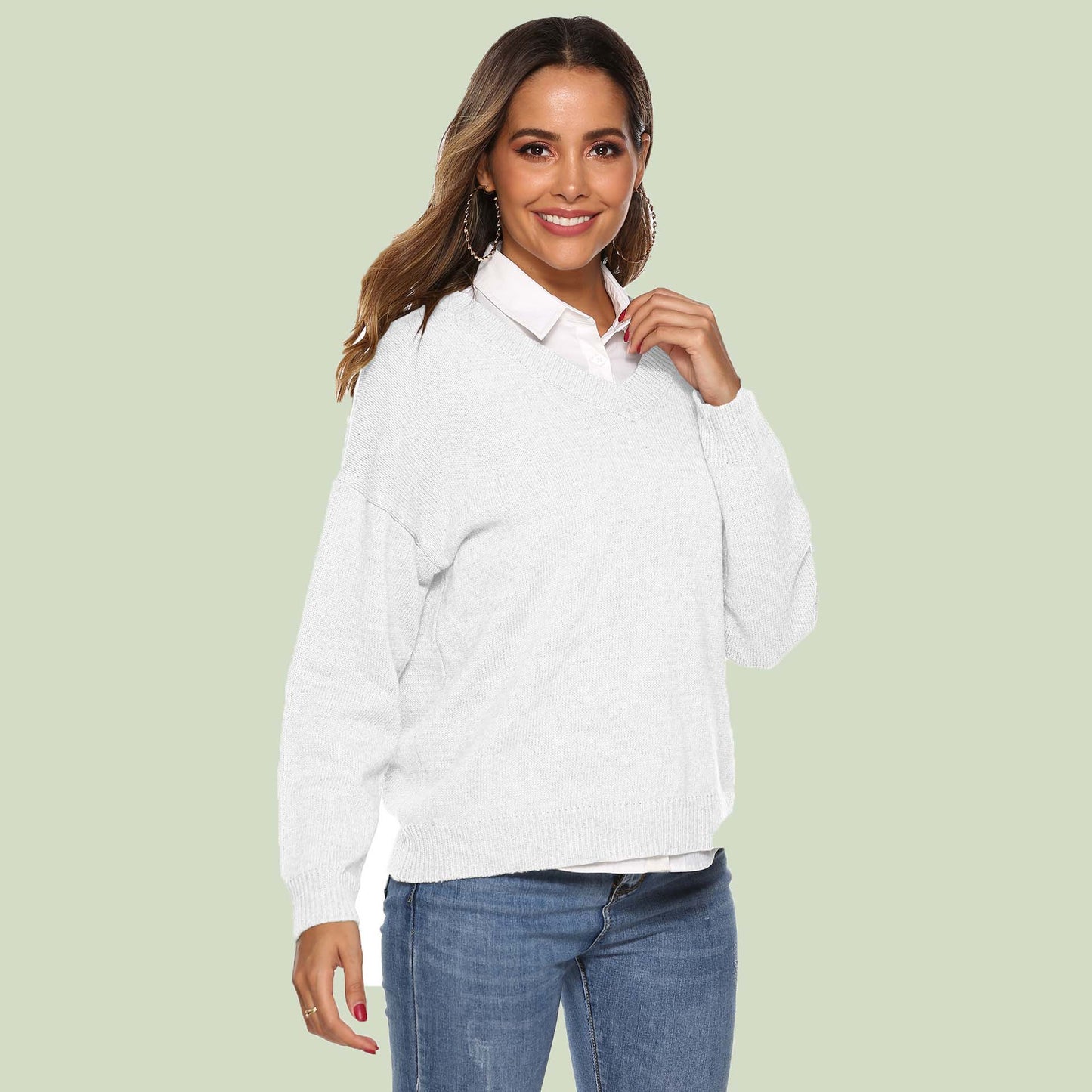 WW | Strickpullover V-Ausschnitt Relaxed Fit Lange Ärmel Weich Und Bequem