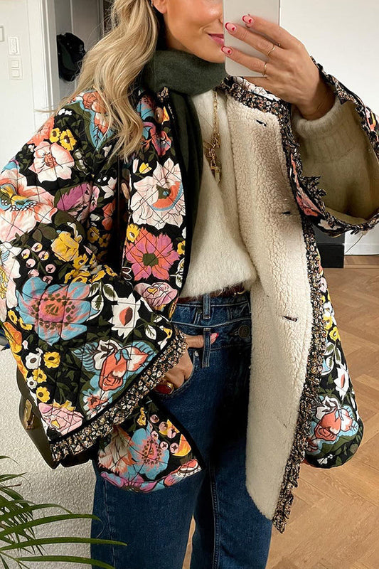 WW | Blumenmuster Knopfverschluss Stepp-Sherpa-Jacke