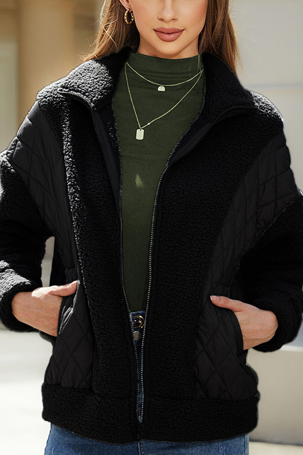 WW | Langarm-Cardigan mit Reißverschluss aus Plüsch-Patchwork Damenjacke