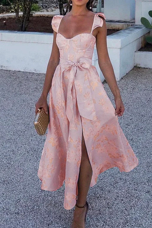 WW | Rosiedress Rüschenschulter Schleife Knoten Taille Schlitz Bedrucktes Vintage Party Kleid