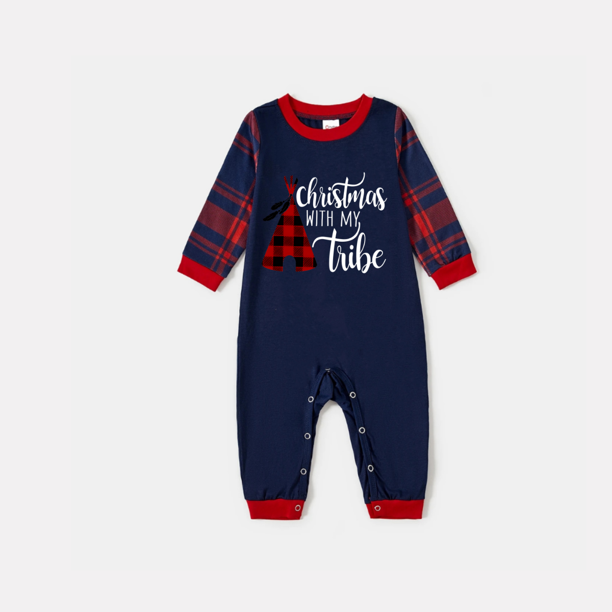 WW | Weihnachtsröhre und Buchstabendruck Blau Langarmoberteil mit Rot & Blau Karo Familienset Pyjamas