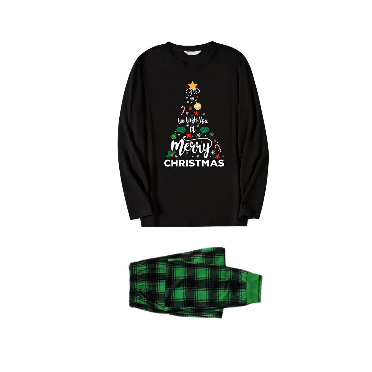WW | "We wish you a Merry Christmas" Printed Pattern Black Long Sleeve Top with Black and Green Plaid Pants Family Matching Pajamas