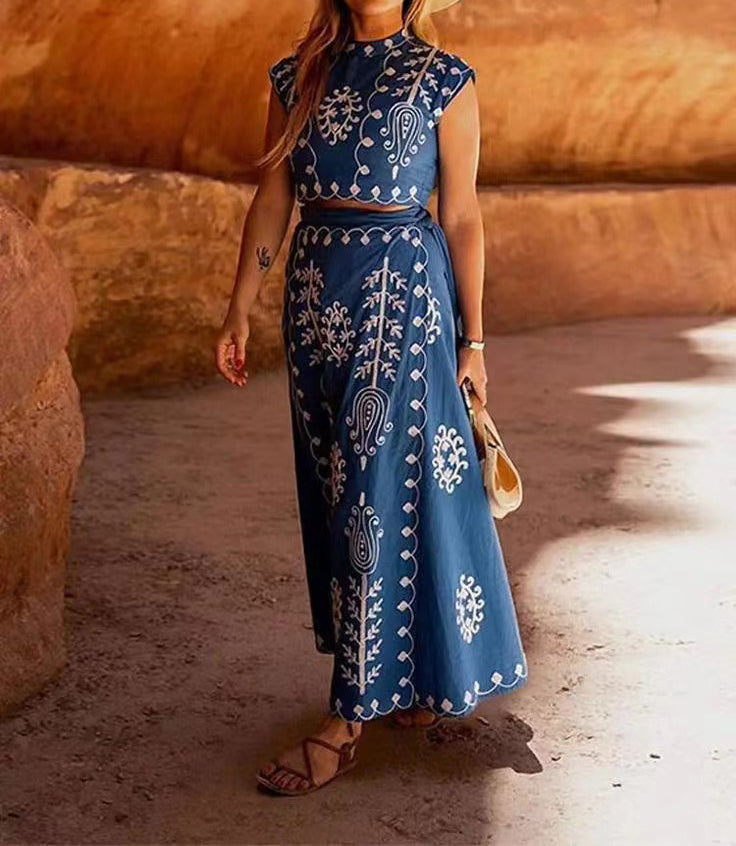 Set of a short top and a wrap skirt with an embroidered ethnic print