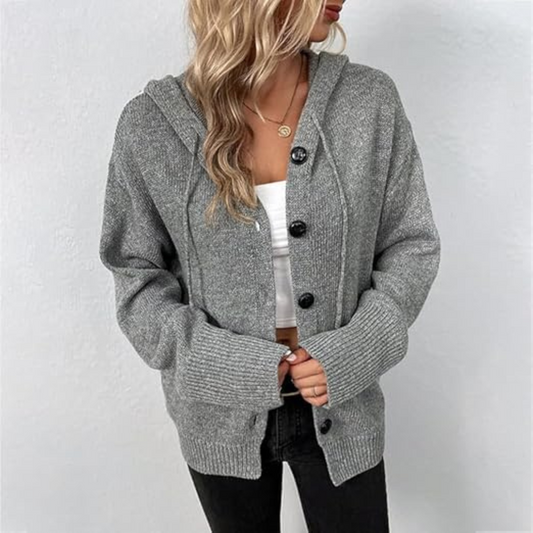 WW | Damen Cardigan Weicher Strick Oversized-Passform Knopfverschluss Kapuze Gerippter Saum