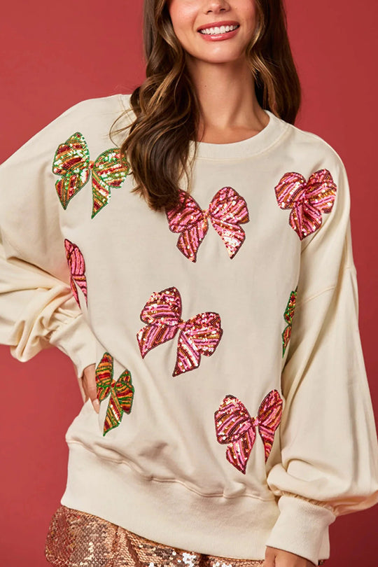 WW | Christmas Bow Sequin Loose Casual Long Sleeve Sweatshirt