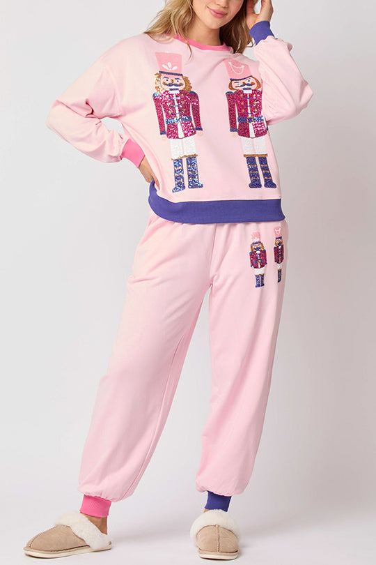 WW | Weihnachtsmann Pailletten Freizeit Sweatshirt und elastische Taillen lockere Taschenhose Set