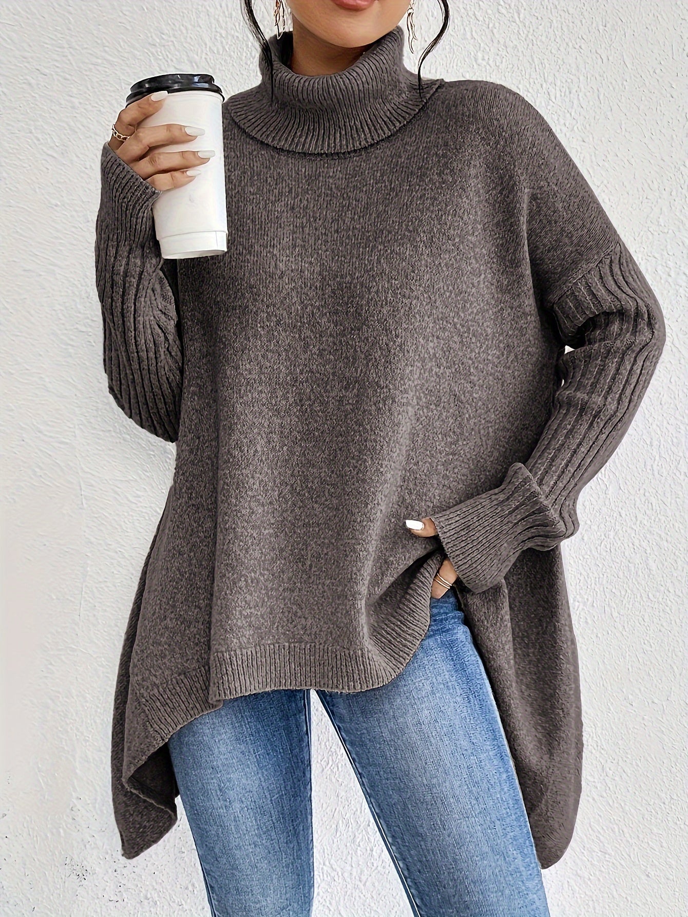 WW | Baumwoll-Rollkragenpullover mit asymmetrischem Saum und langen Ärmeln Pullover Damen - Perfekt für den Alltag